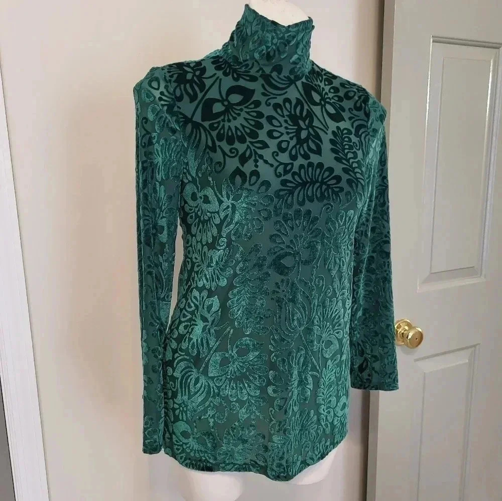 Soft Surroundings Green Floral Velvet Lined Mock Turtle Neck(XS)Petite